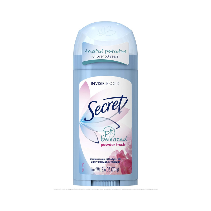 secret powder fresh antiperspirant deodorant stick 2.6oz for women Secret Powder Fresh Deodorant 2.6oz is a classic and reliable daily essential designed to keep you dry, fresh, and confident all day long. This Secret Powder Fresh Deodorant 2.6oz delivers a soft, clean scent that feels fresh and comforting. The Secret Powder Fresh Deodorant 2.6oz features a gentle powdery fragrance that gives a just-showered feeling, making it perfect for everyday wear. With its antiperspirant formula, Secret Powder Fresh Deodorant 2.6oz helps reduce sweat while effectively fighting odor, ensuring long-lasting freshness throughout the day. Its invisible solid formula glides smoothly on the skin without leaving white marks, providing comfort and confidence with every use. Fragrance Profile ✔ Scent Type: Powder Fresh ✔ Clean and soft scent ✔ Feminine and long-lasting Product Benefits ✔ Sweat & odor protection ✔ Classic clean powder scent ✔ Invisible solid (no white marks) ✔ Gentle on skin ✔ Ideal for daily use Product Details ✔ Product Type: Antiperspirant & Deodorant ✔ Size: 2.6oz ✔ Gender: Women ✔ Ideal for: Daily use, work, outings Secret Powder Fresh Deodorant 2.6oz is perfect for women who prefer a clean, soft, and classic scent with reliable protection all day. Order your Secret Powder Fresh Deodorant 2.6oz now and enjoy fast delivery within 3 days.