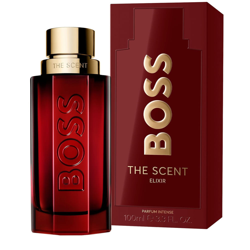 BOSS The Scent Elixir Parfum Intense for Him 100ml red bottle and box marked Parfum Intense